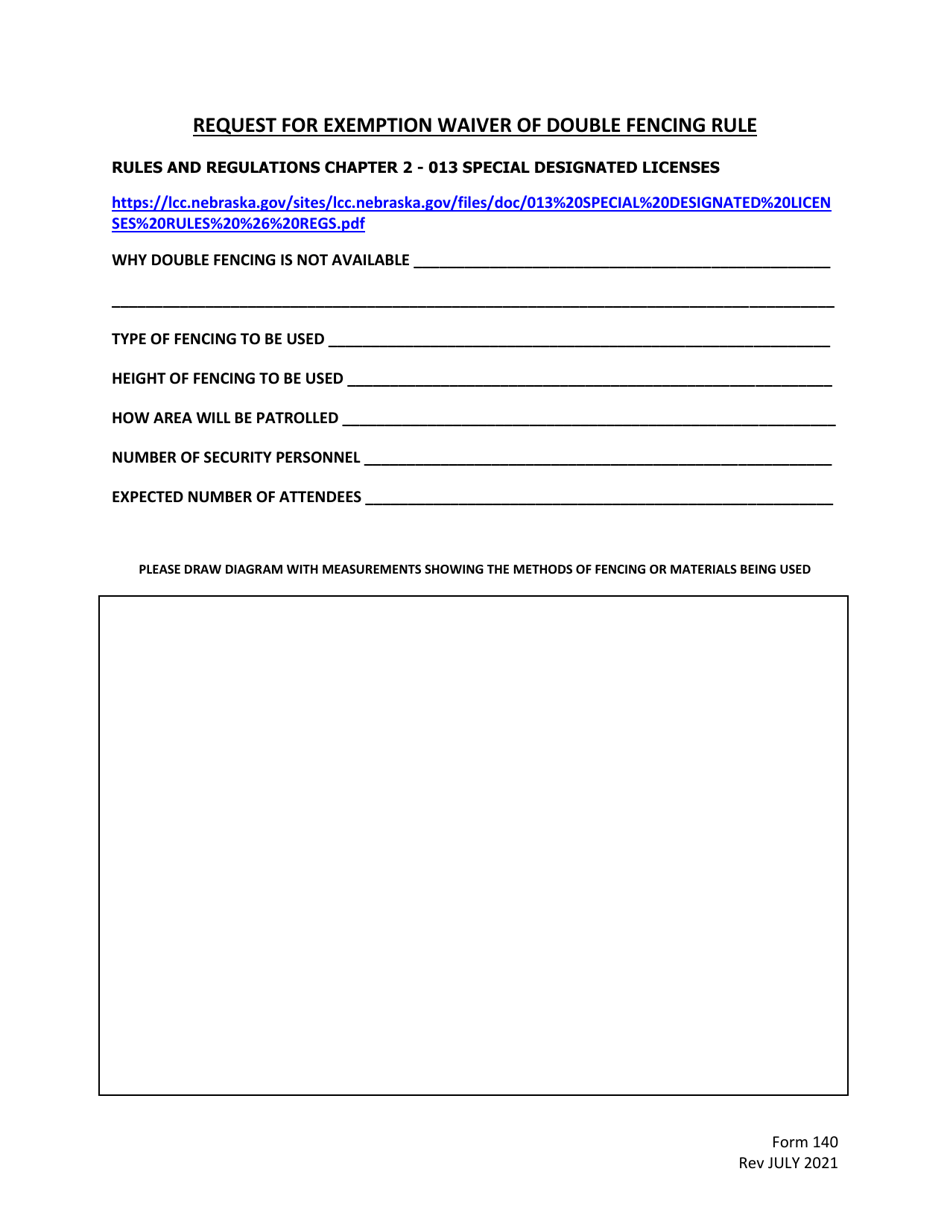Form 140 Request for Exemption Waiver of Double Fencing Rule - Nebraska, Page 1