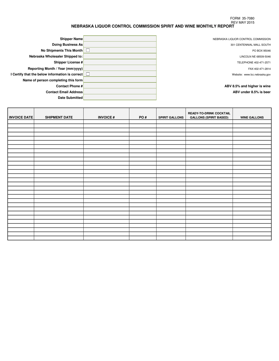 Form 35-7080 Spirit and Wine Monthly Report - Nebraska, Page 2