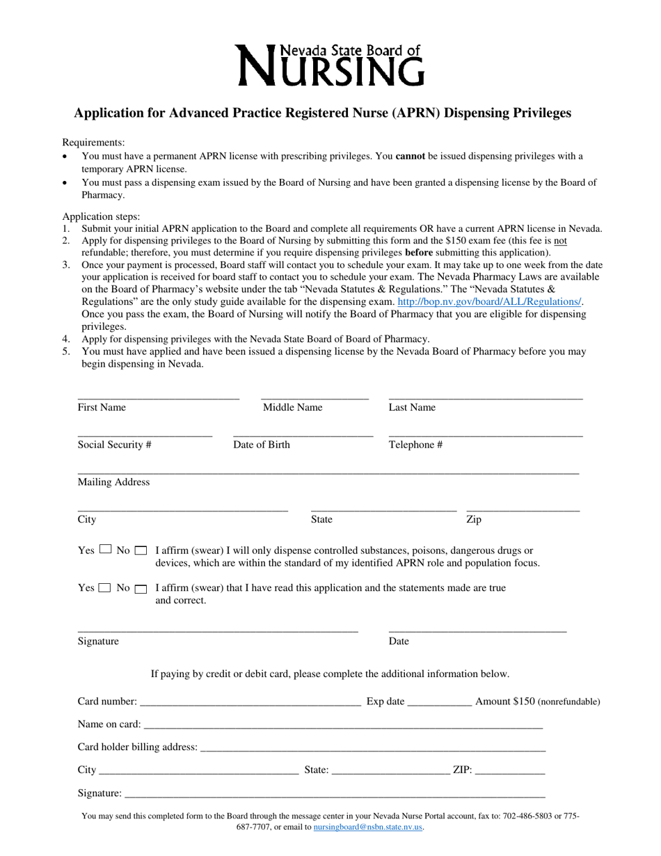 Application for Advanced Practice Registered Nurse (Aprn) Dispensing Privileges - Nevada, Page 1