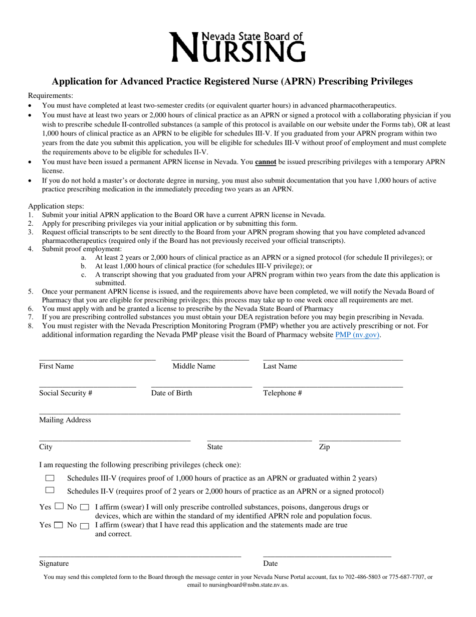 Application for Advanced Practice Registered Nurse (Aprn) Prescribing Privileges - Nevada, Page 1