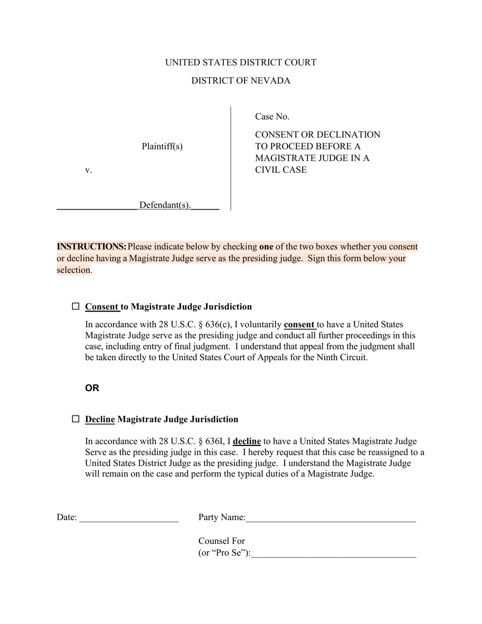 Consent or Declination to Proceed Before a Magistrate Judge in a Civil Case - Nevada, Page 1