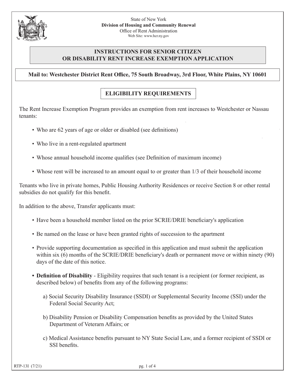 Instructions for Form RTP-13A Application for Senior Citizen or Disability Rent Increase Exemption - New York, Page 1