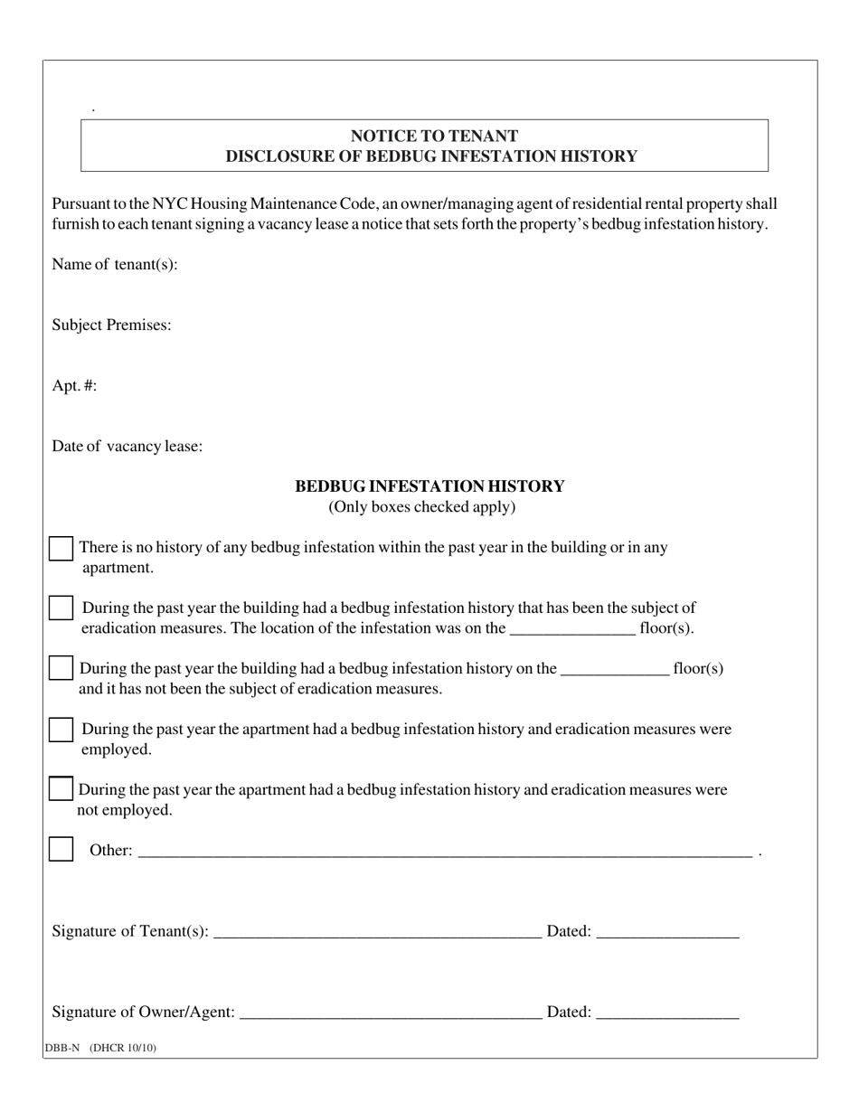 Form DBB-N Notice to Tenant Disclosure of Bedbug Infestation History - New York, Page 1