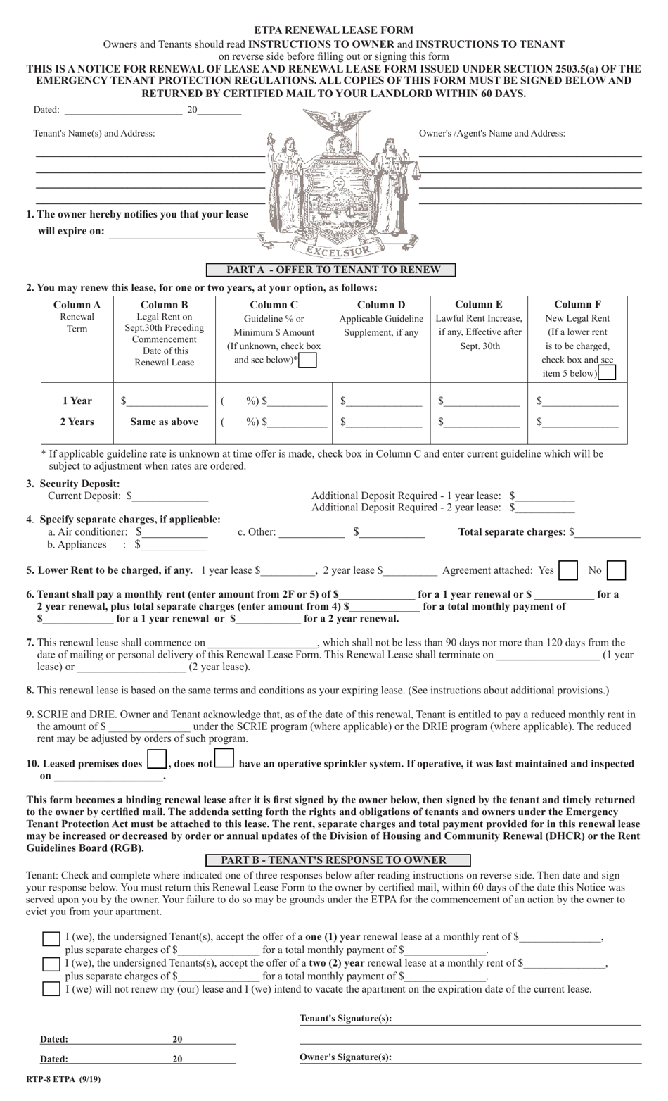 Form RTP-8 ETPA Etpa Renewal Lease Form - New York, Page 1