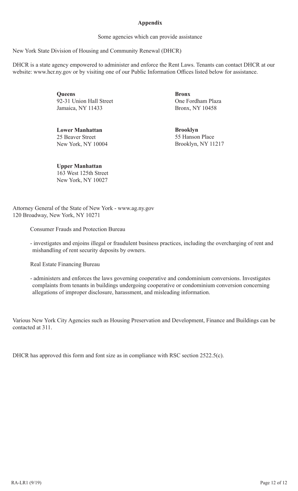 Form RA-LR1 New York City Lease Rider for Rent Stabilized Tenants - New York, Page 12