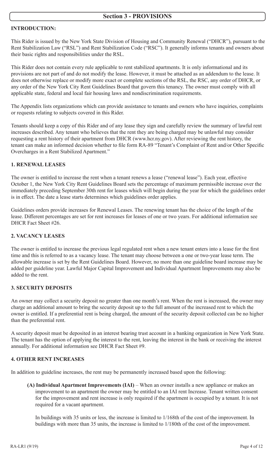 Form RA-LR1 New York City Lease Rider for Rent Stabilized Tenants - New York, Page 4