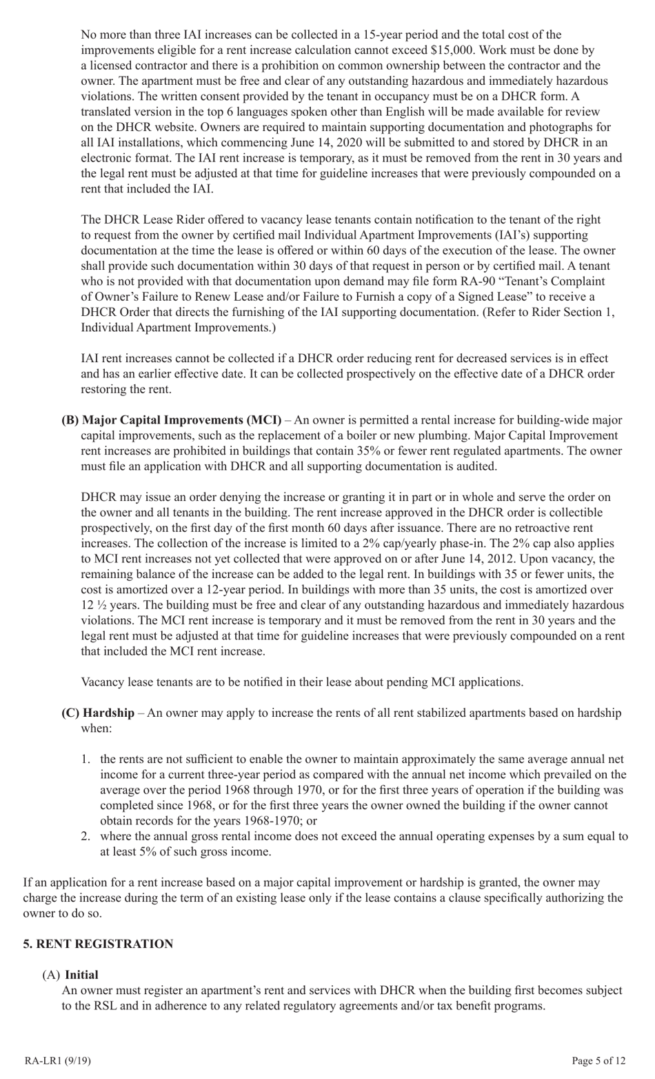 Form RA-LR1 New York City Lease Rider for Rent Stabilized Tenants - New York, Page 5