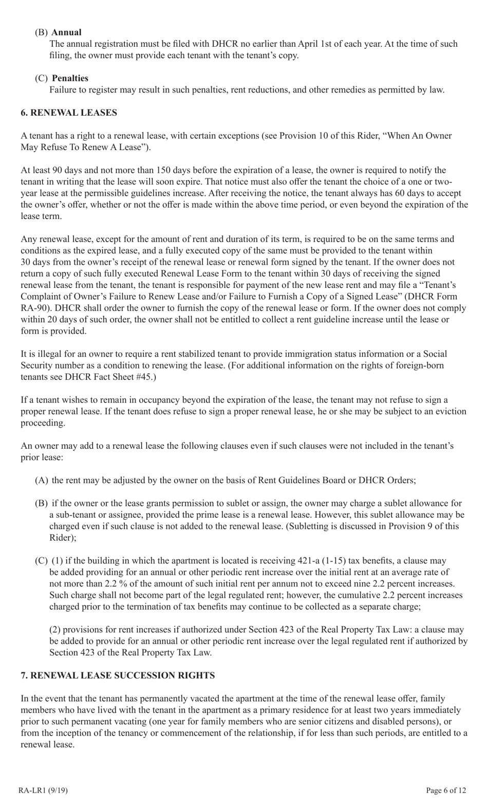Form RA-LR1 New York City Lease Rider for Rent Stabilized Tenants - New York, Page 6