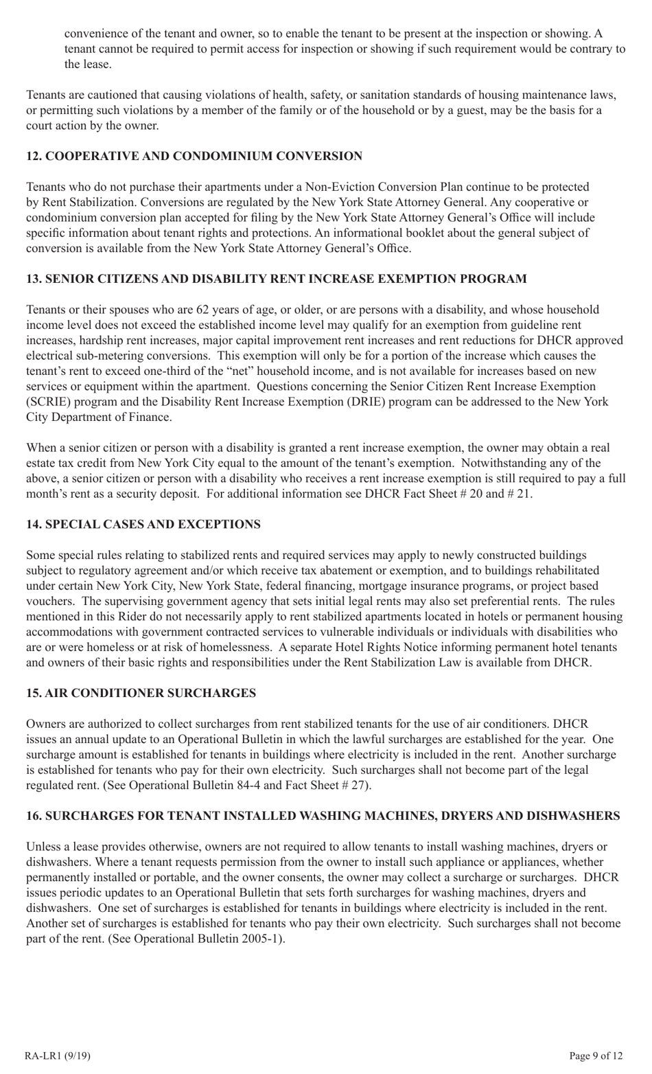 Form RA-LR1 New York City Lease Rider for Rent Stabilized Tenants - New York, Page 9