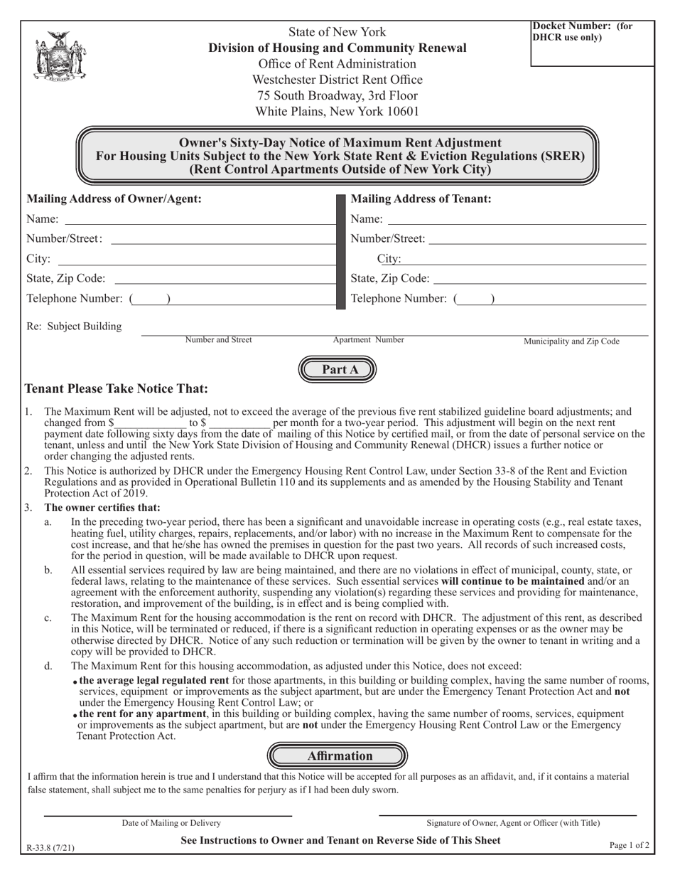 Form R-33.8 Owners Sixty-Day Notice of Maximum Rent Adjustment for Housing Units Subject to the New York State Rent  Eviction Regulations (Srer) (Rent Control Apartments Outside of New York City) - New York, Page 1