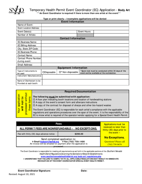 Temporary Health Permit Event Coordinator (Ec) Application - Body Art - Nevada Download Pdf