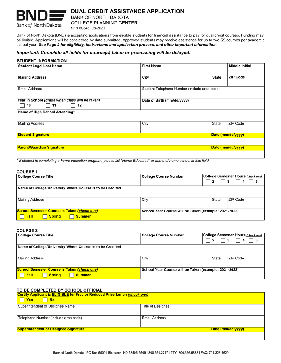 Form SFN60348 Dual Credit Assistance Application - North Dakota, Page 1