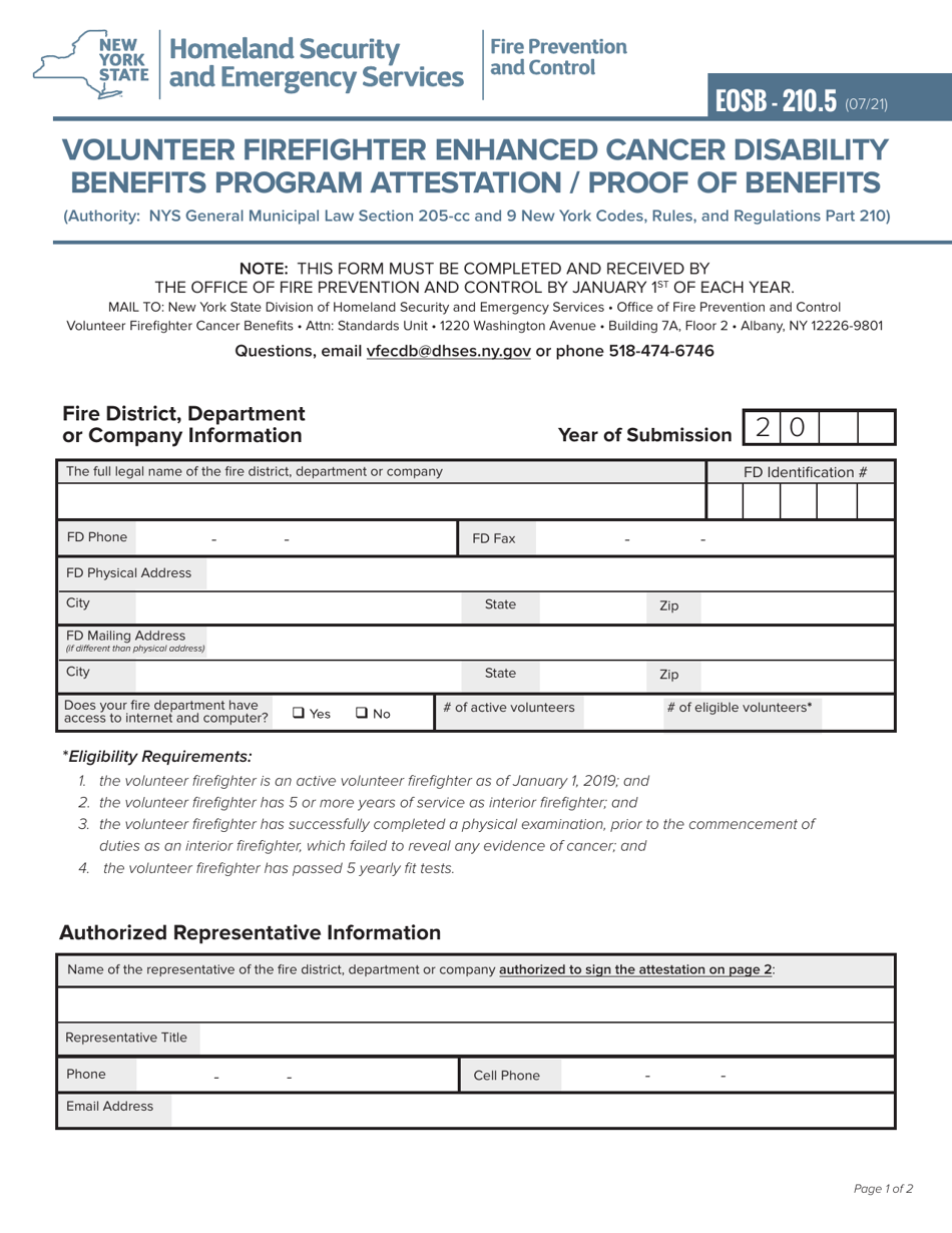 Form EOSB-210.5 Volunteer Firefighter Enhanced Cancer Disability Benefits Program Attestation / Proof of Benefits - New York, Page 1