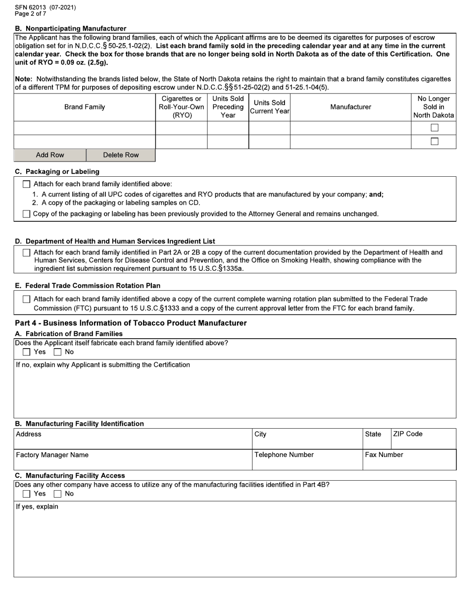 Form SFN62013 Tobacco Product Manufacturer Certification - North Dakota, Page 2