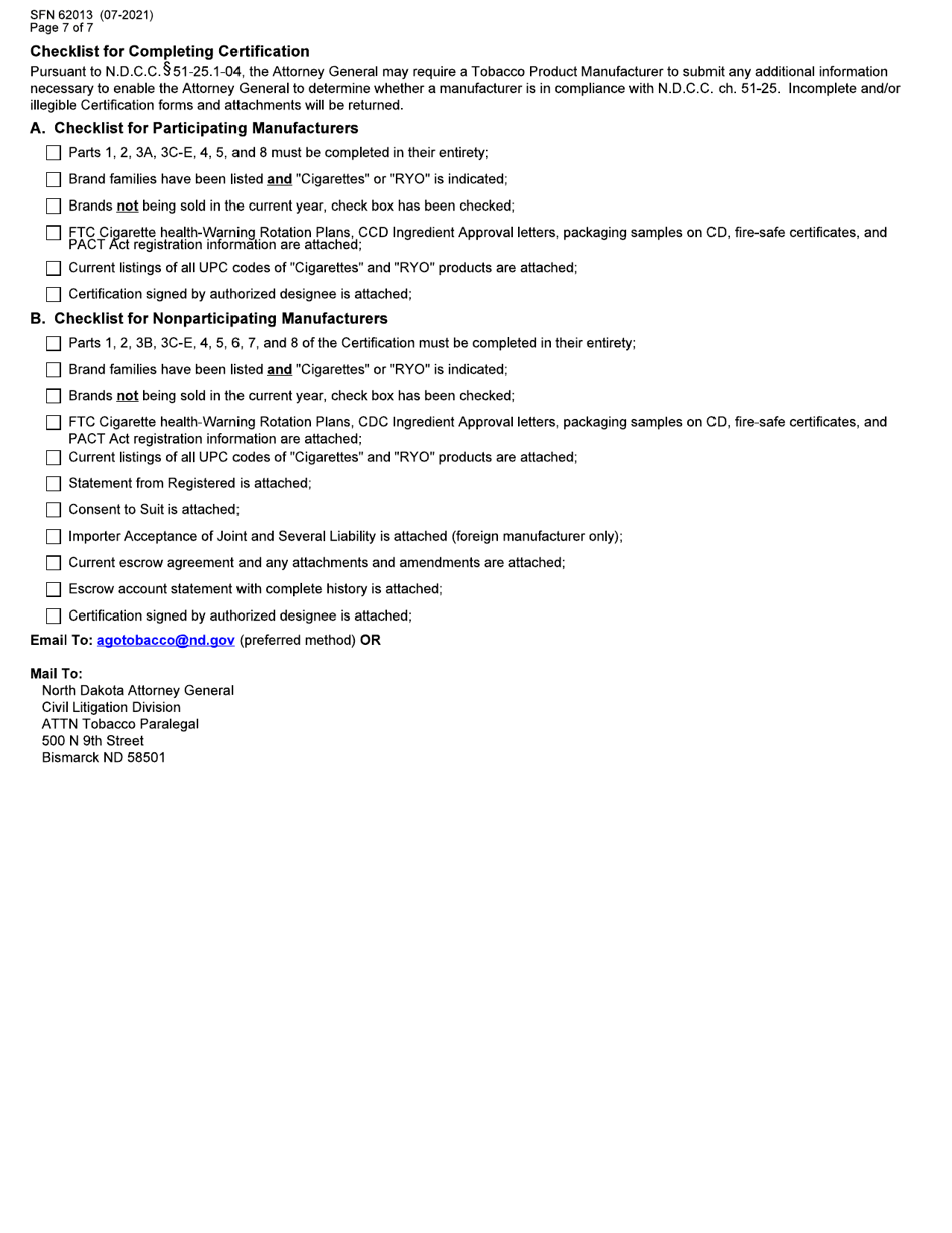 Form SFN62013 Tobacco Product Manufacturer Certification - North Dakota, Page 7