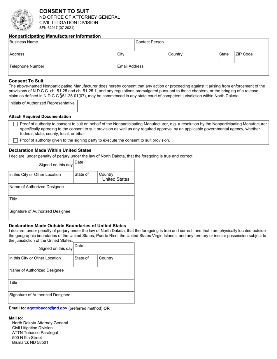Form SFN62017 Consent to Suit - North Dakota, Page 1