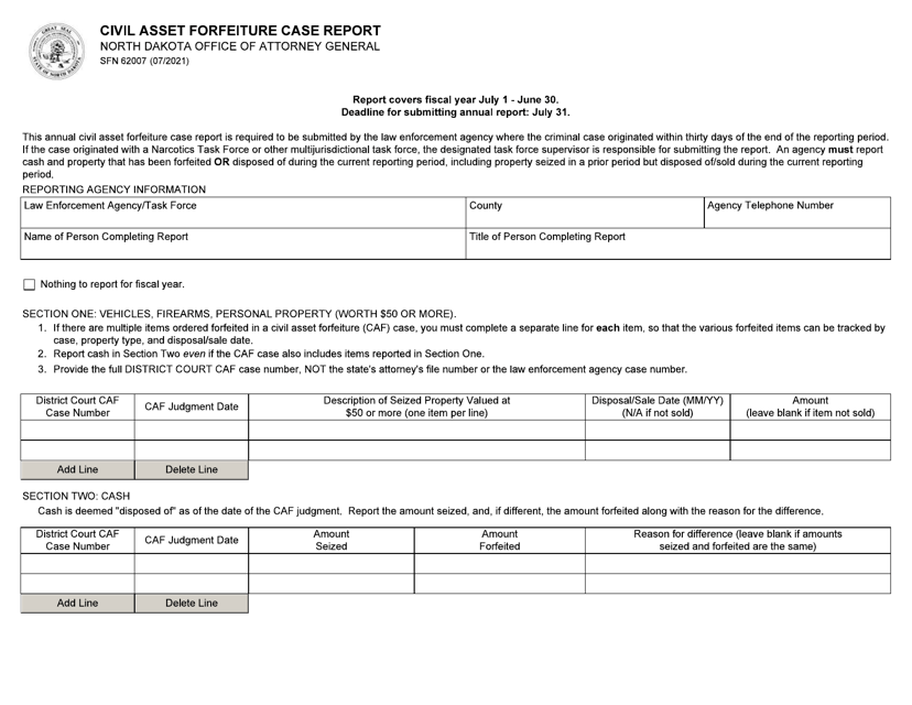 Form SFN62007 Civil Asset Forfeiture Case Report - North Dakota