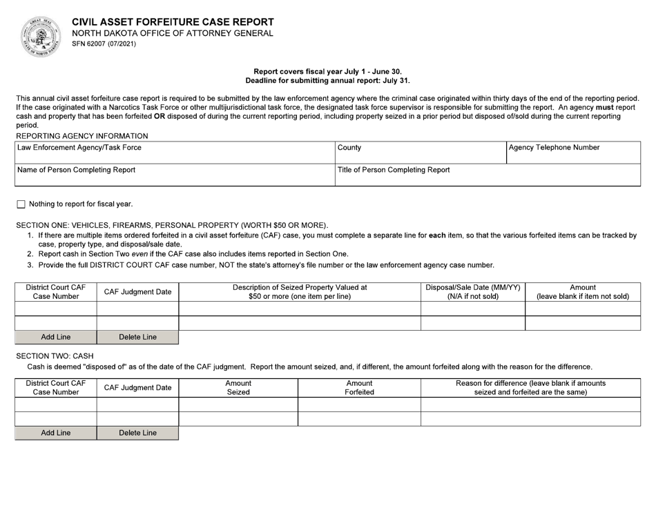 Form SFN62007 Civil Asset Forfeiture Case Report - North Dakota, Page 1