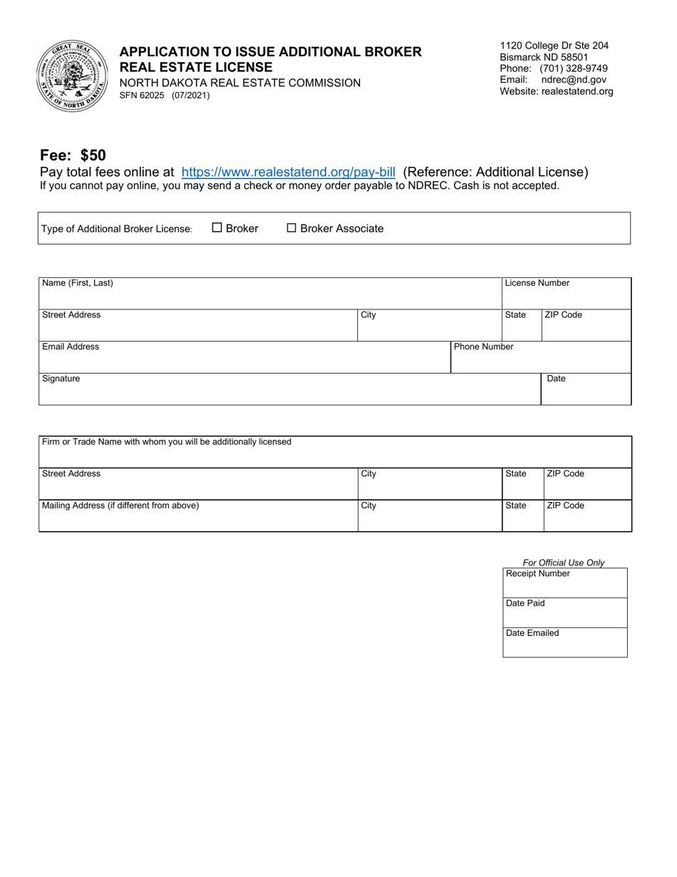 Form SFN62025 Application to Issue Additional Broker Real Estate License - North Dakota, Page 1