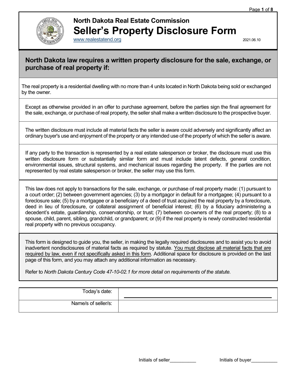 North Dakota Seller's Property Disclosure Form Download Printable PDF