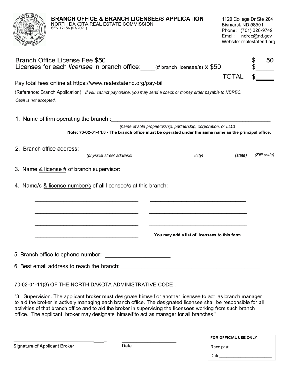 Form SFN12156 Branch Office  Branch Licensee / S Application - North Dakota, Page 1