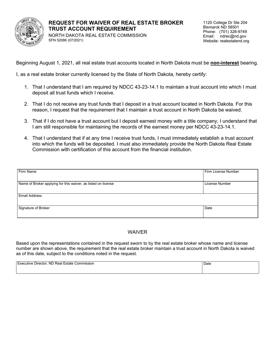 Form SFN52086 Request for Waiver of Real Estate Broker Trust Account Requirement - North Dakota, Page 1