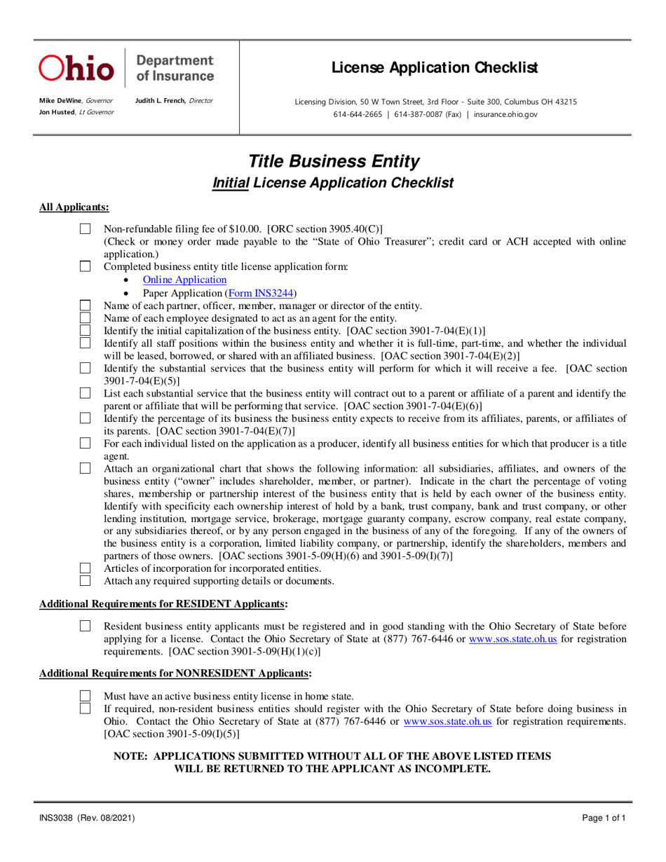 Form INS3038 Title Business Entity Initial License Application Checklist - Ohio, Page 1