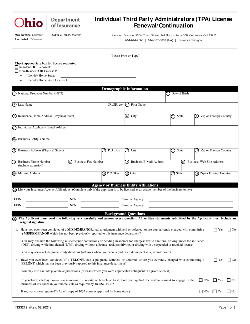 Form INS3212 Individual Third Party Administrators (Tpa) License Renewal/Continuation - Ohio, Page 1