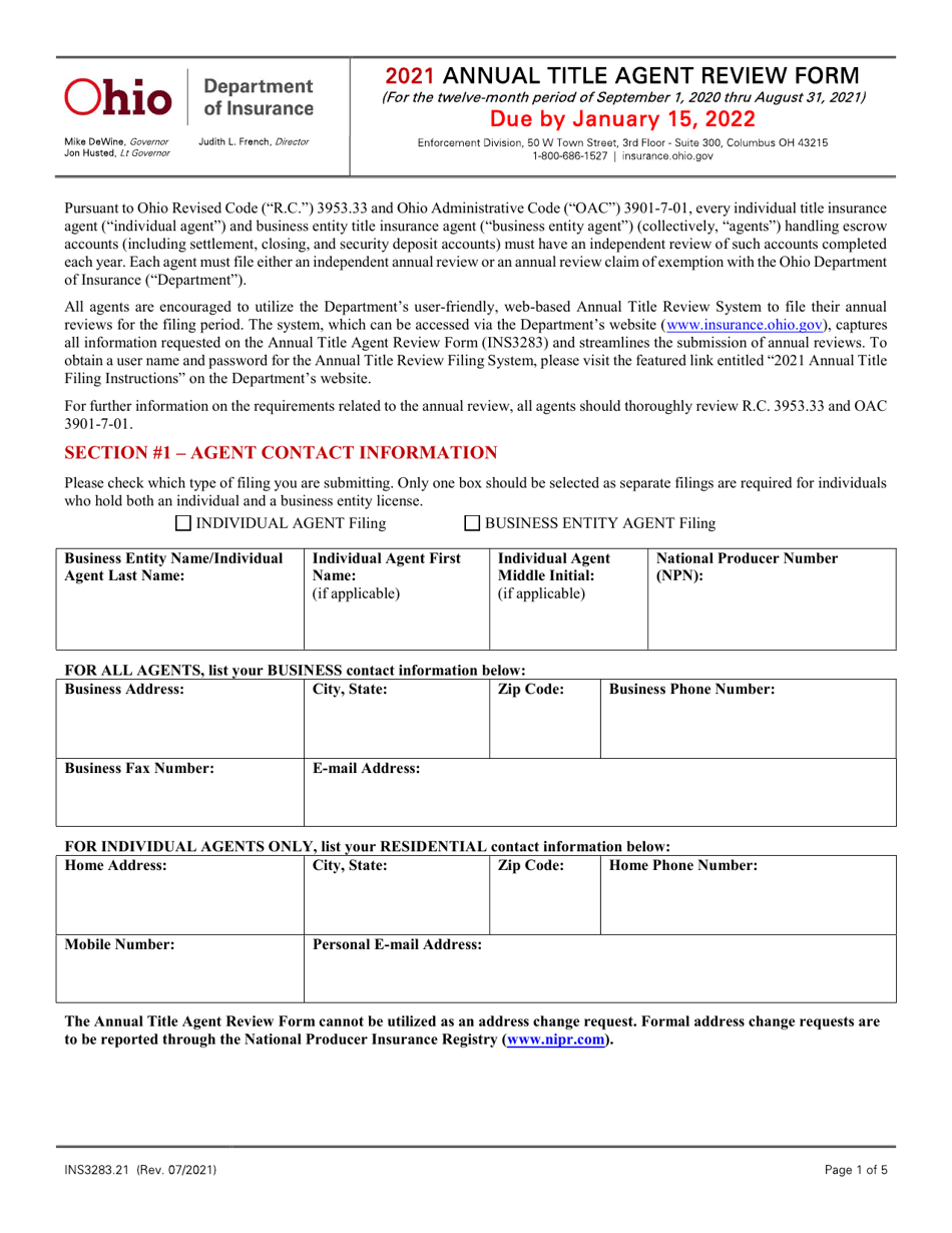 Form INS3283.21 Annual Title Agent Review Form - Ohio, Page 1