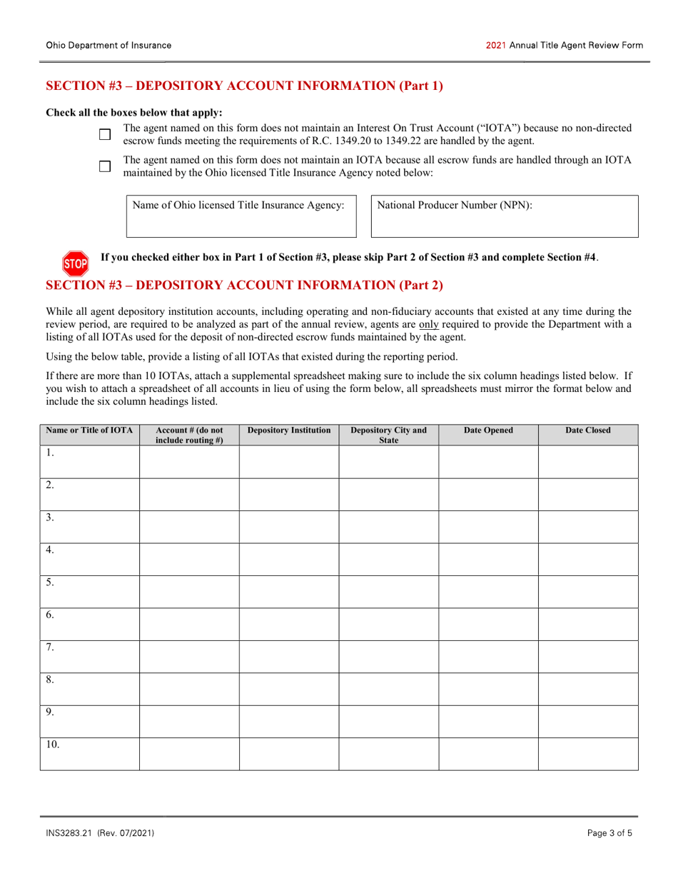 Form INS3283.21 Annual Title Agent Review Form - Ohio, Page 3
