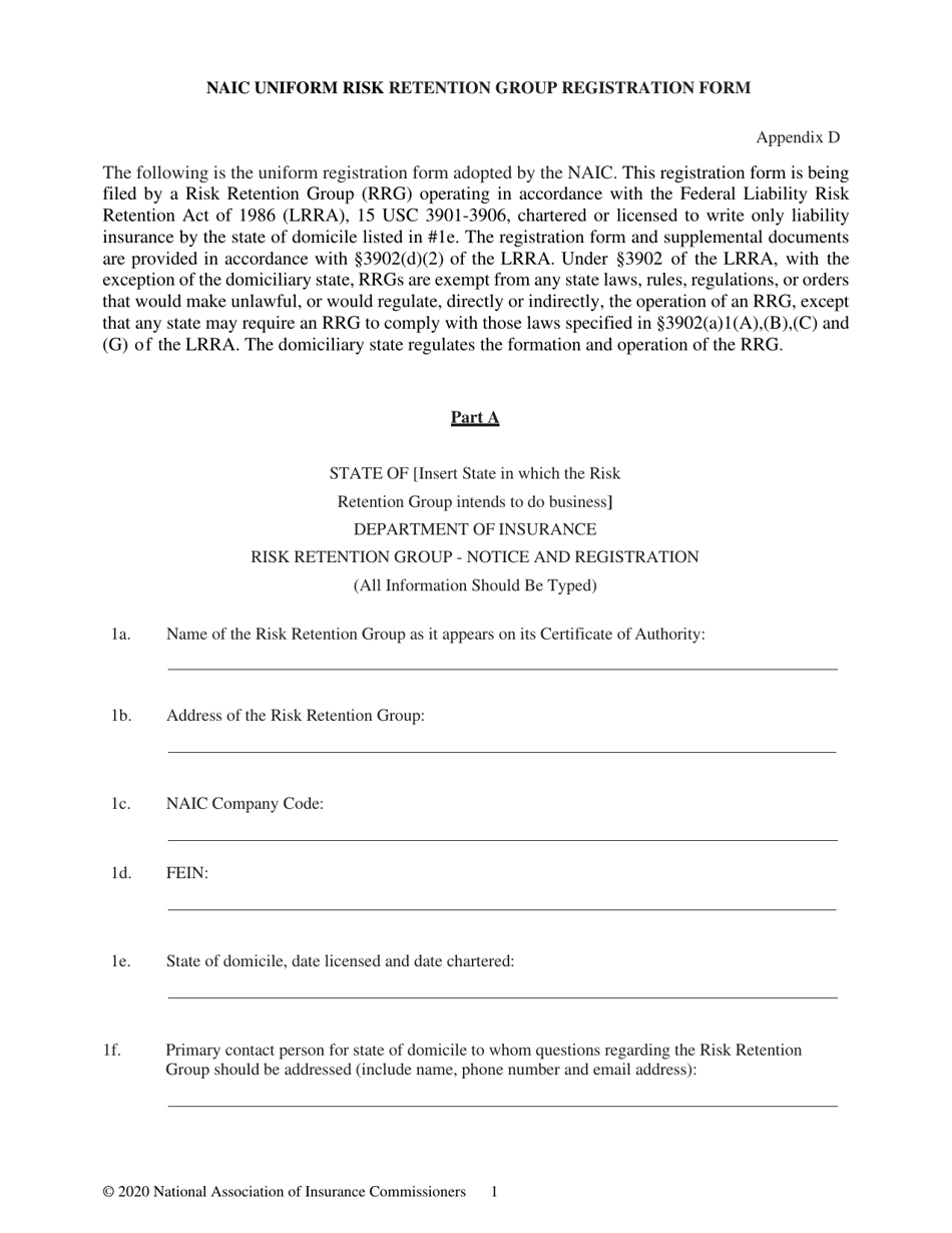 Appendix D Naic Uniform Risk Retention Group Registration Form, Page 1