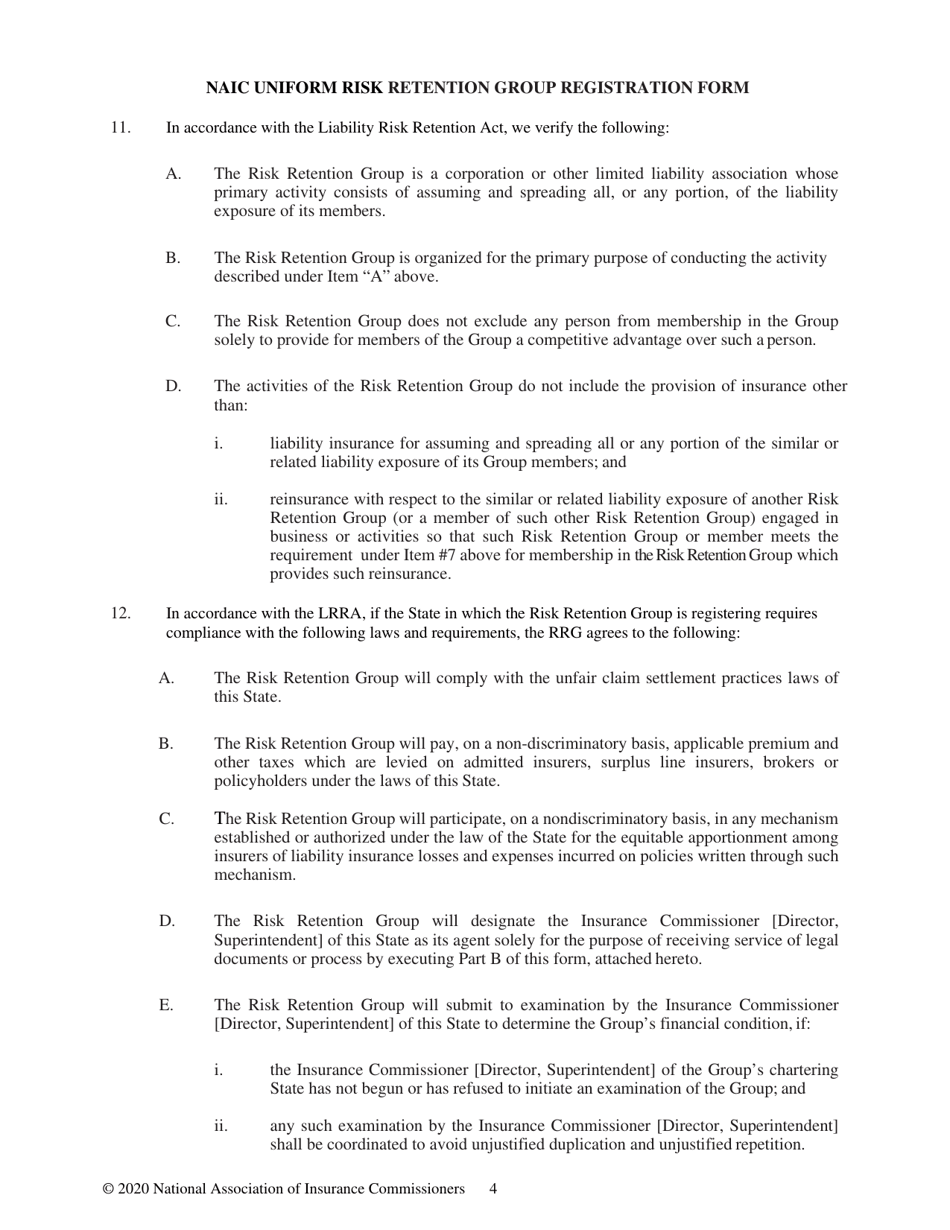 Appendix D Naic Uniform Risk Retention Group Registration Form, Page 4
