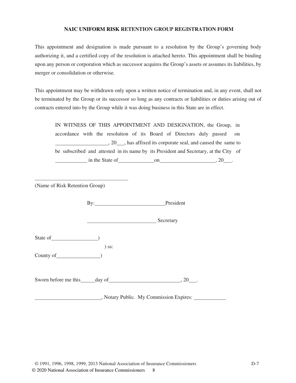 Appendix D Naic Uniform Risk Retention Group Registration Form, Page 8