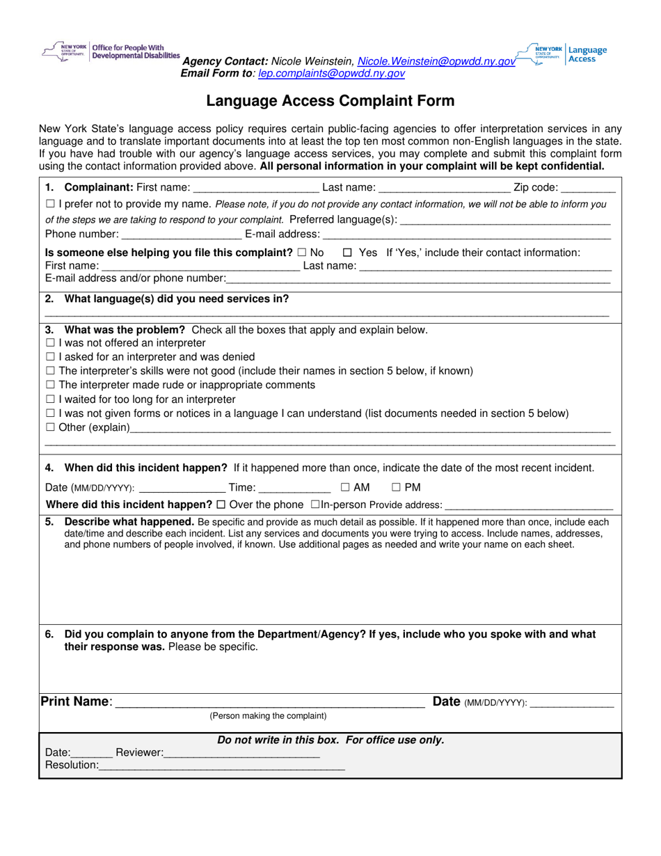 Language Access Complaint Form - New York, Page 1