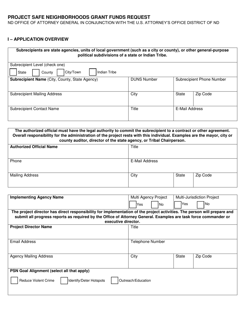 Project Safe Neighborhoods Grant Funds Request - North Dakota, Page 1