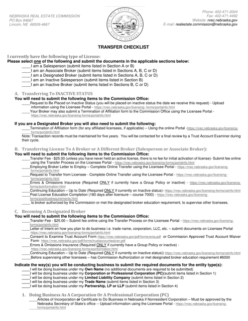 Transfer Checklist - Nebraska Download Pdf