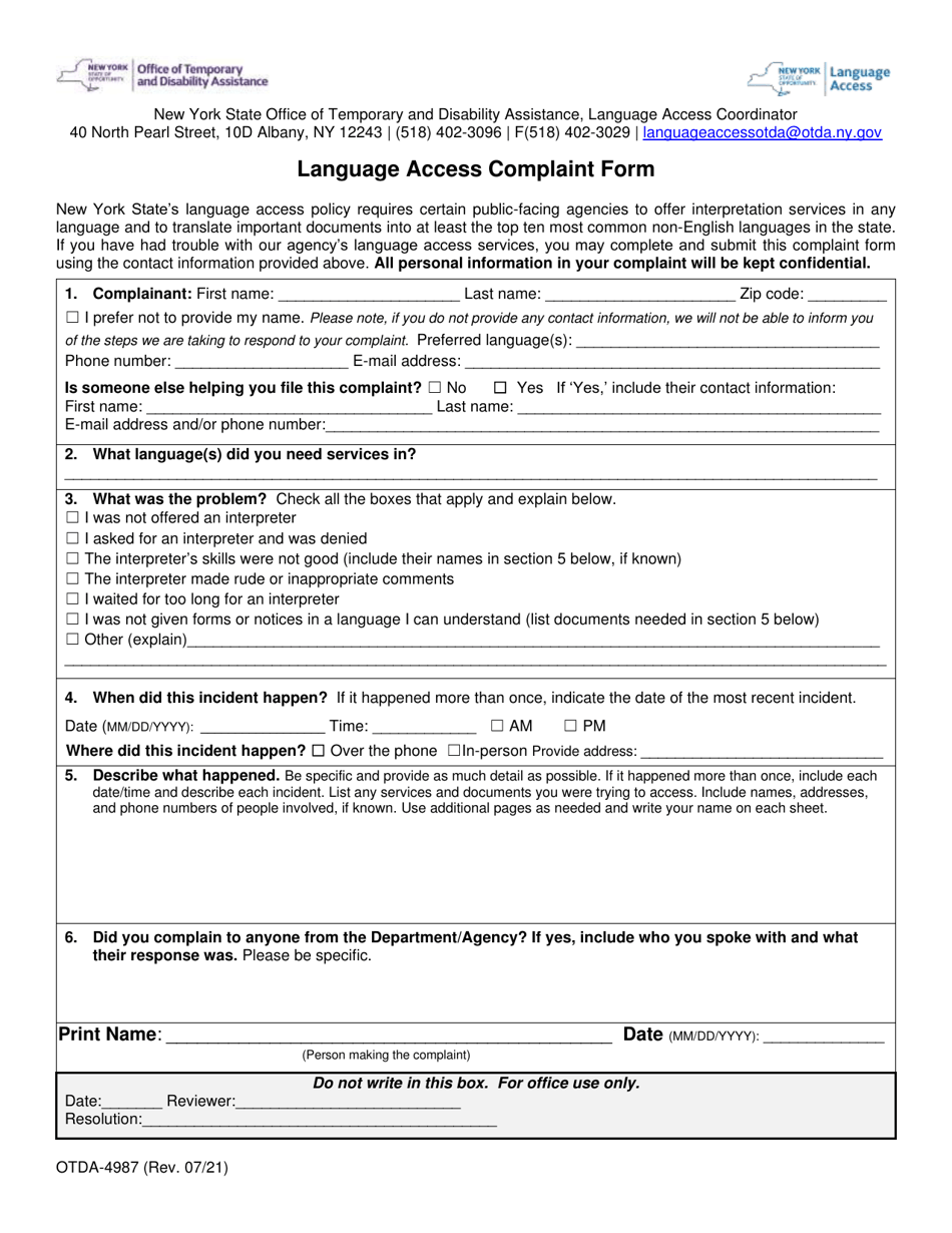 Form OTDA-4987 Language Access Complaint Form - New York, Page 1