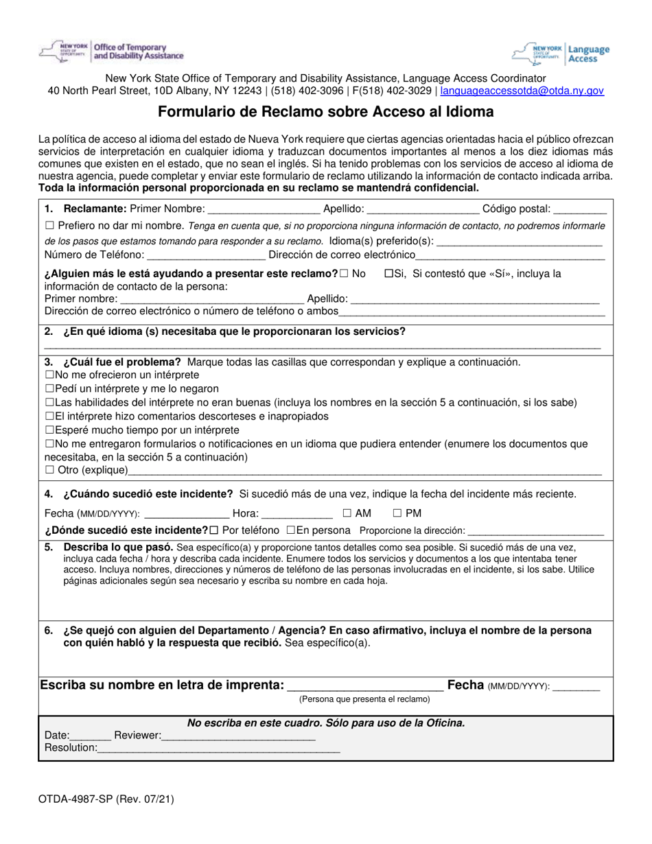 Formulario OTDA-4987-SP Formulario De Reclamo Sobre Acceso Al Idioma - New York (Spanish), Page 1