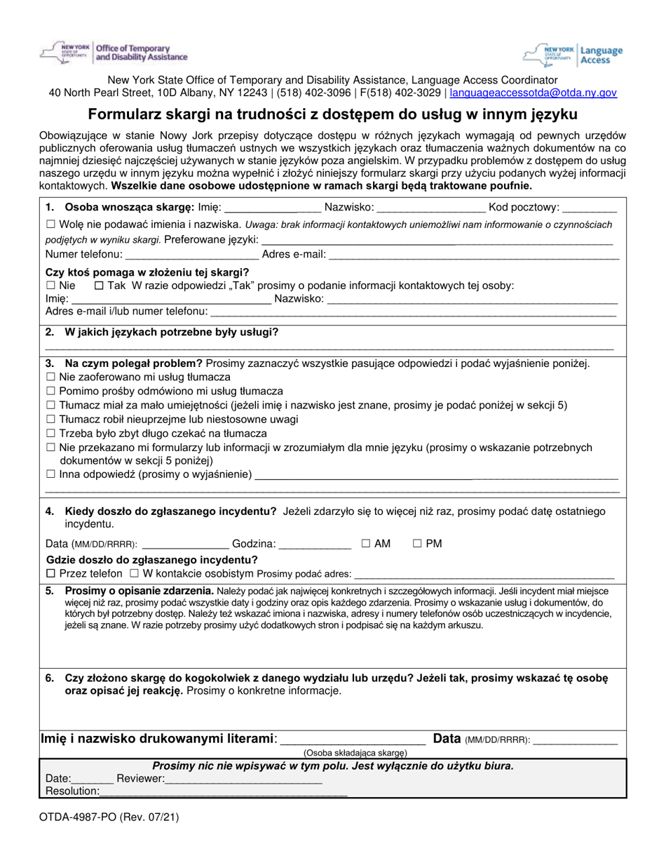 Form OTDA-4987-PO Language Access Complaint Form - New York (Polish), Page 1