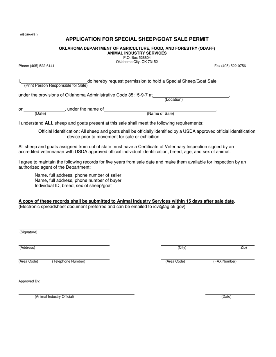 Form AIS210 Application for Special Sheep / Goat Sale Permit - Oklahoma, Page 1