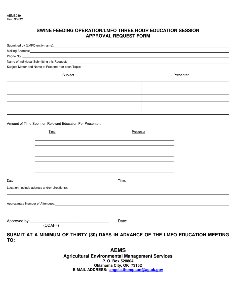 Form AEMS039 Swine Feeding Operation / Lmfo Three Hour Education Session Approval Request Form - Oklahoma, Page 1
