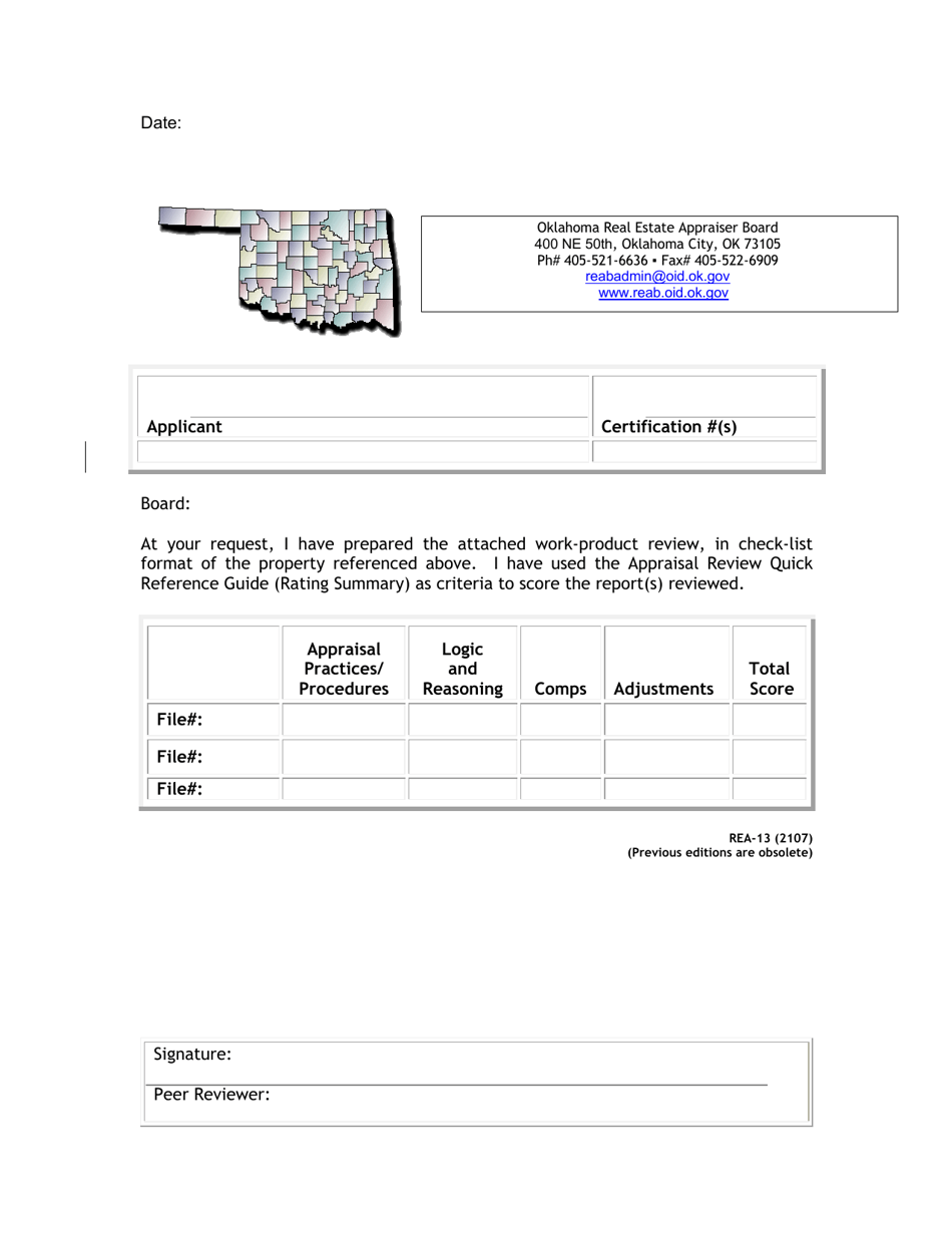 Form REA-13 Summary and Transmittal Form - Oklahoma, Page 1