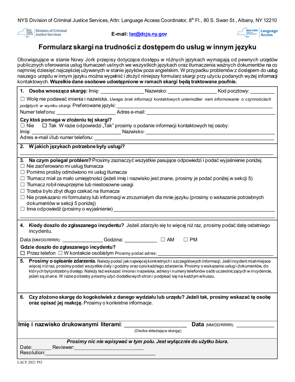 Language Access Complaint Form - New York (Polish), Page 1