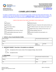 ODH Form 704C &quot;Jail Inspection Complaint Form&quot; - Oklahoma