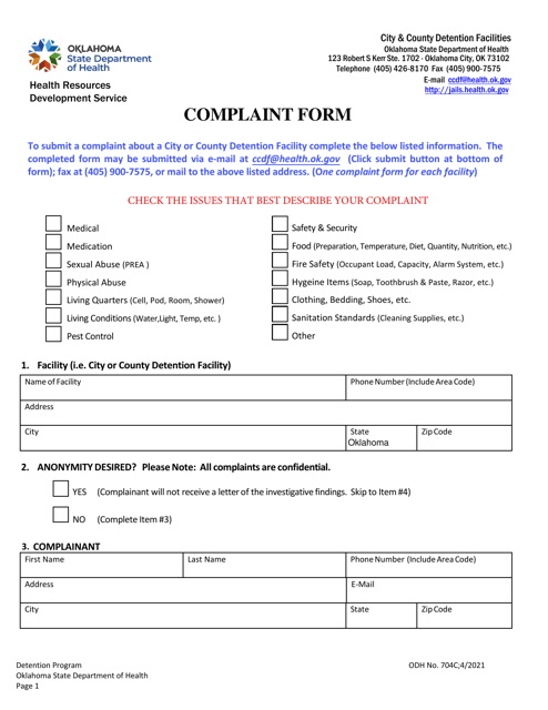 ODH Form 704C  Printable Pdf