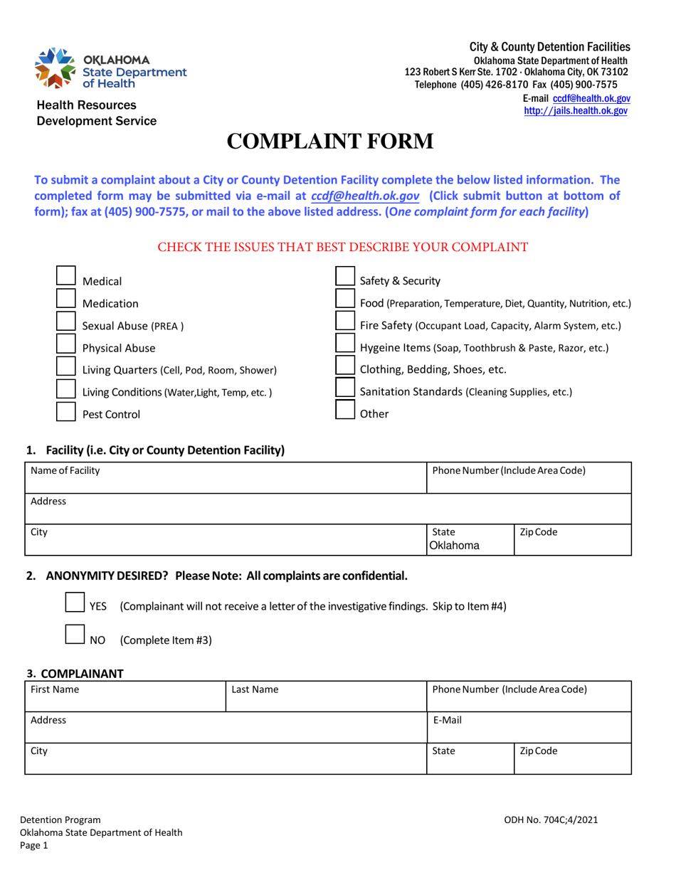 ODH Form 704C Jail Inspection Complaint Form - Oklahoma, Page 1