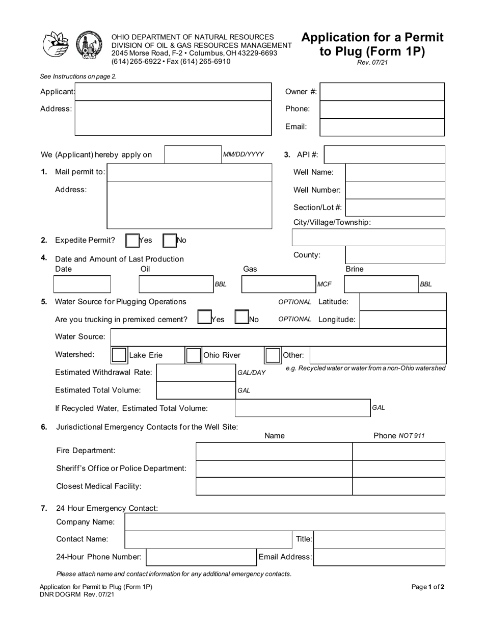 Form 1P Application for a Permit to Plug - Ohio, Page 1