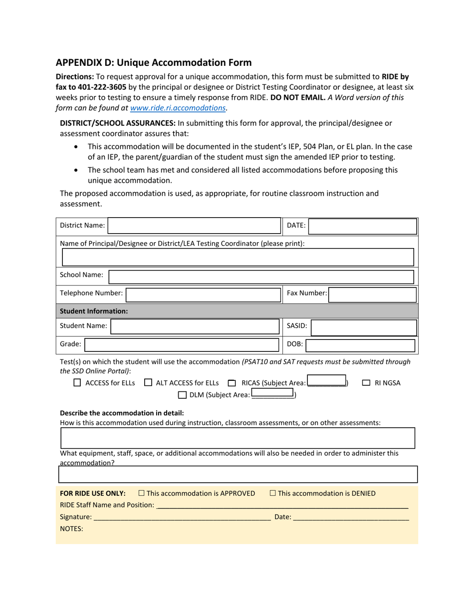 Appendix D Unique Accommodation Form - Rhode Island, Page 1