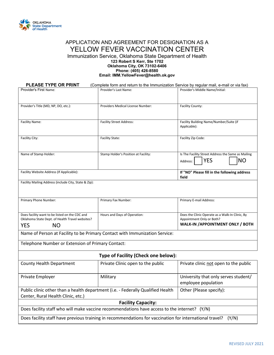 Application and Agreement for Designation as a Yellow Fever Vaccination Center - Oklahoma, Page 1