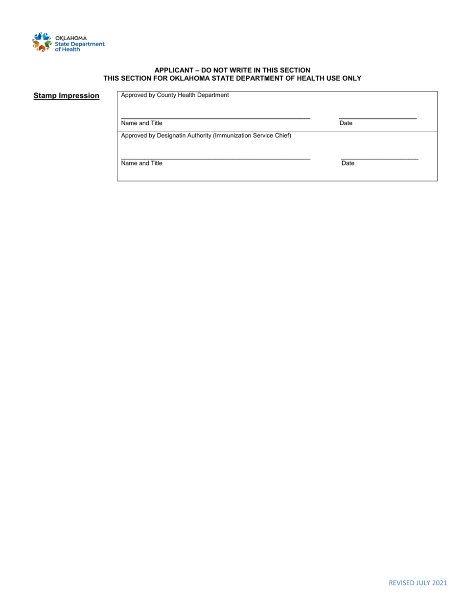 Application and Agreement for Designation as a Yellow Fever Vaccination Center - Oklahoma, Page 3